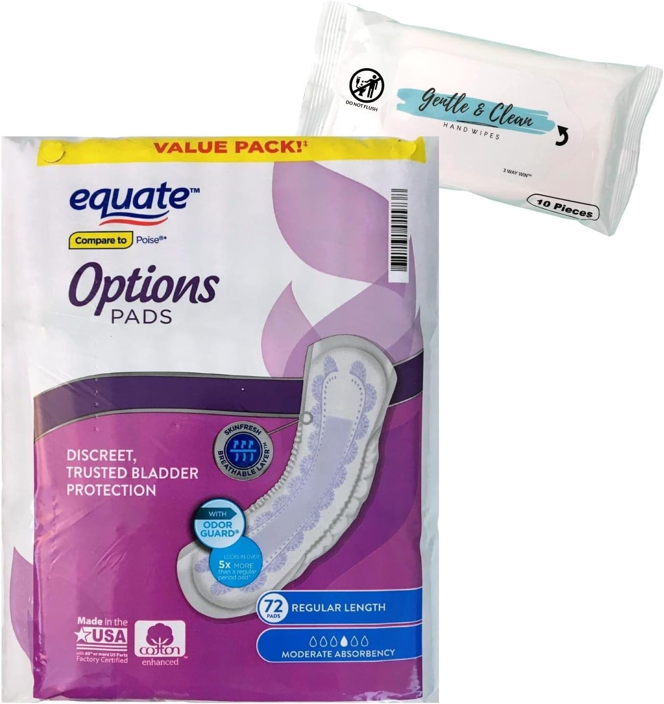 Equate Options Incontinence Pads Regular Length Bundle | Includes 72 Equate Options for Women, Moderate Absorbency | Plus Travel Wet Wipes!