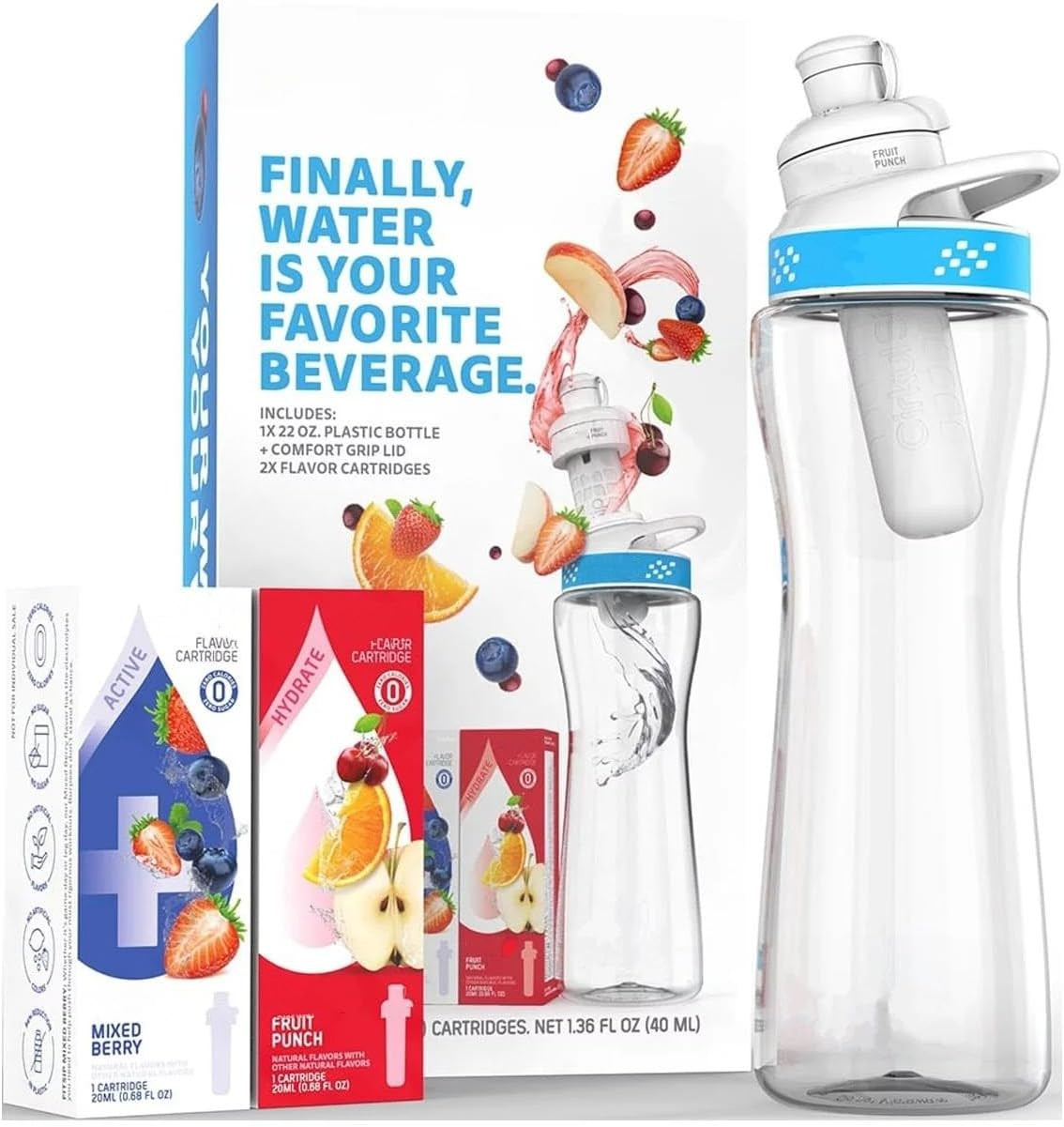 Cirkull 22 oz Plastic Water Bottle Starter Kit with Blue Lid + 1 Fruit Punch & 1 Mixed Berry Cartridge - Stay Hydrated All Day!!