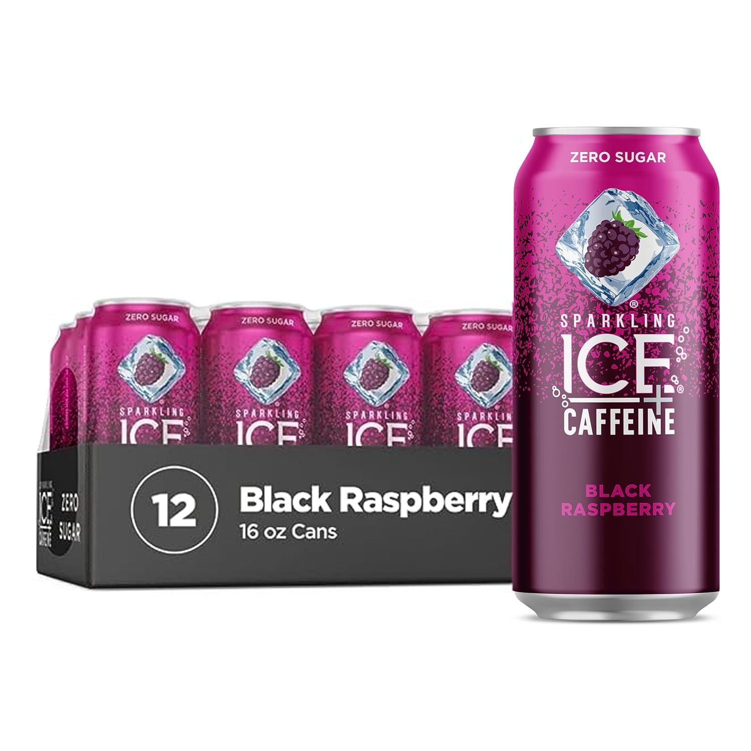 Sparkling Ice +Caffeine Black Raspberry Sparkling Water, with Antioxidants and Vitamins, Zero Sugar, 16 fl oz Cans (Pack of 12)