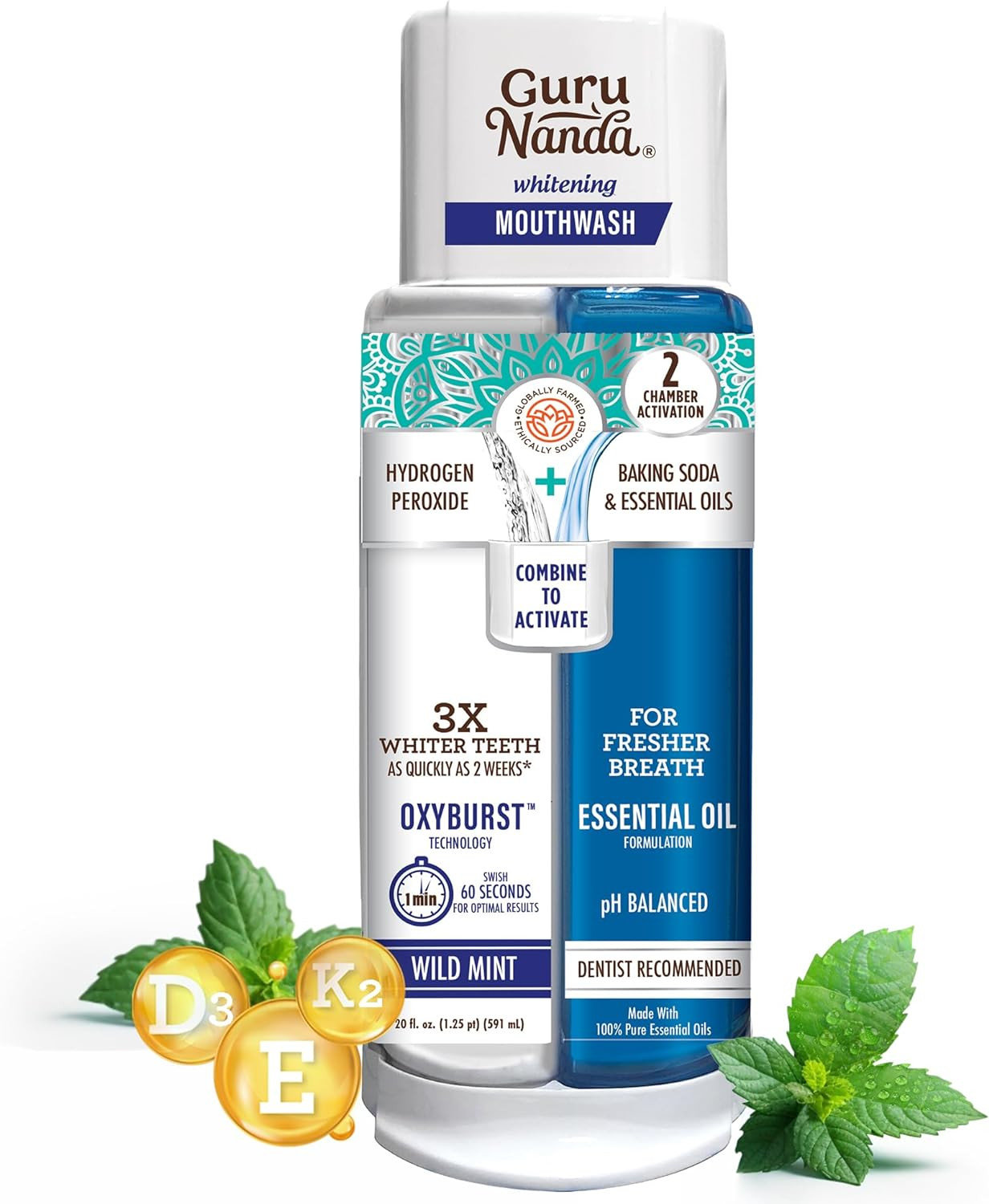 GuruNanda Dual Barrel Oxyburst Whitening Mouthwash - Contains Hydrogen Peroxide to Promote Whiter Teeth - Alcohol & Fluoride Free Rinse with 100% Natural Essential Oils, Wild Mint Flavor - 20 Fl Oz