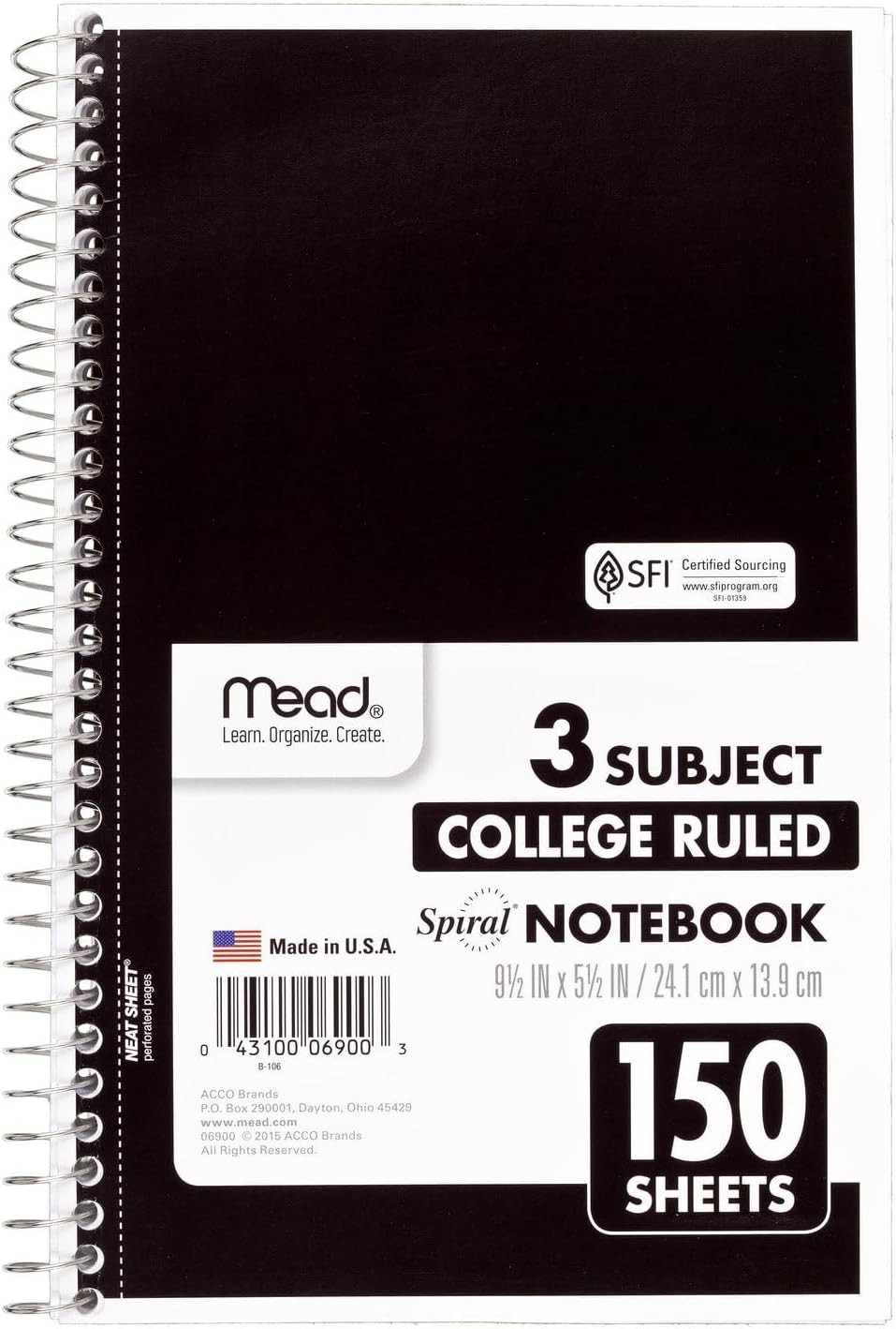 Mead Small Spiral Notebook, 3-Subject, College Ruled Paper, 9-1/2" x 5-1/2", 150 Sheets per Notebook, Color Will Vary, 1 Count (06900)