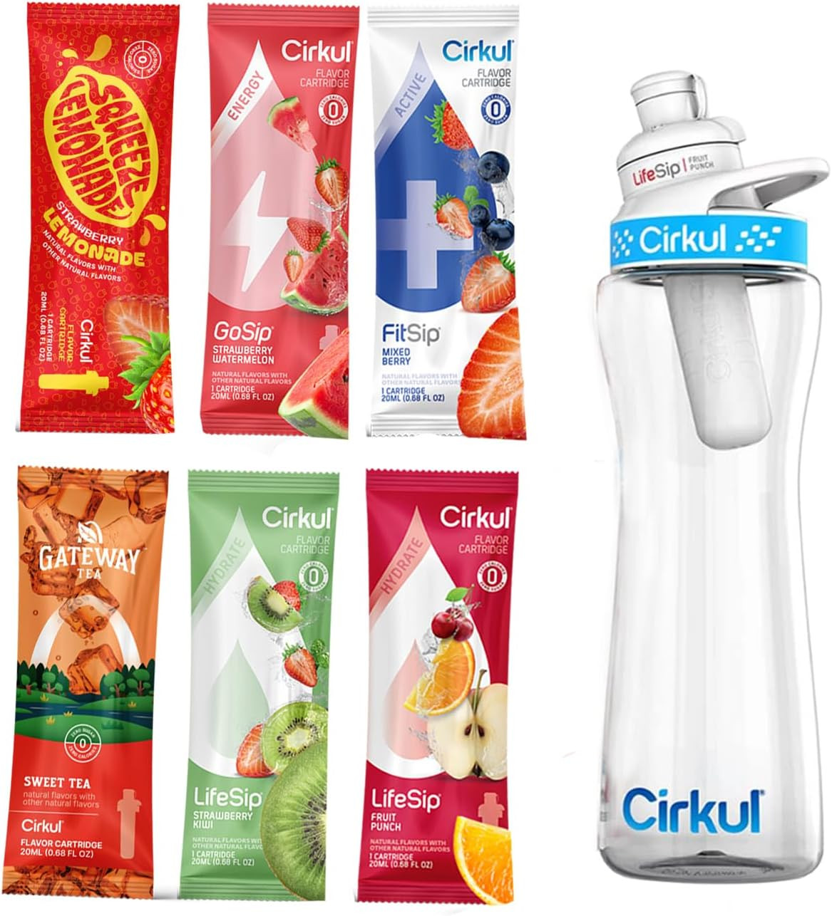 Cirkull 22 oz Plastic Water Bottle Starter Kit with Blue Lid and 6 Flavor Cartridges (Fruit Punch & Mixed Berry & 4 Random Flavor Cartridges)