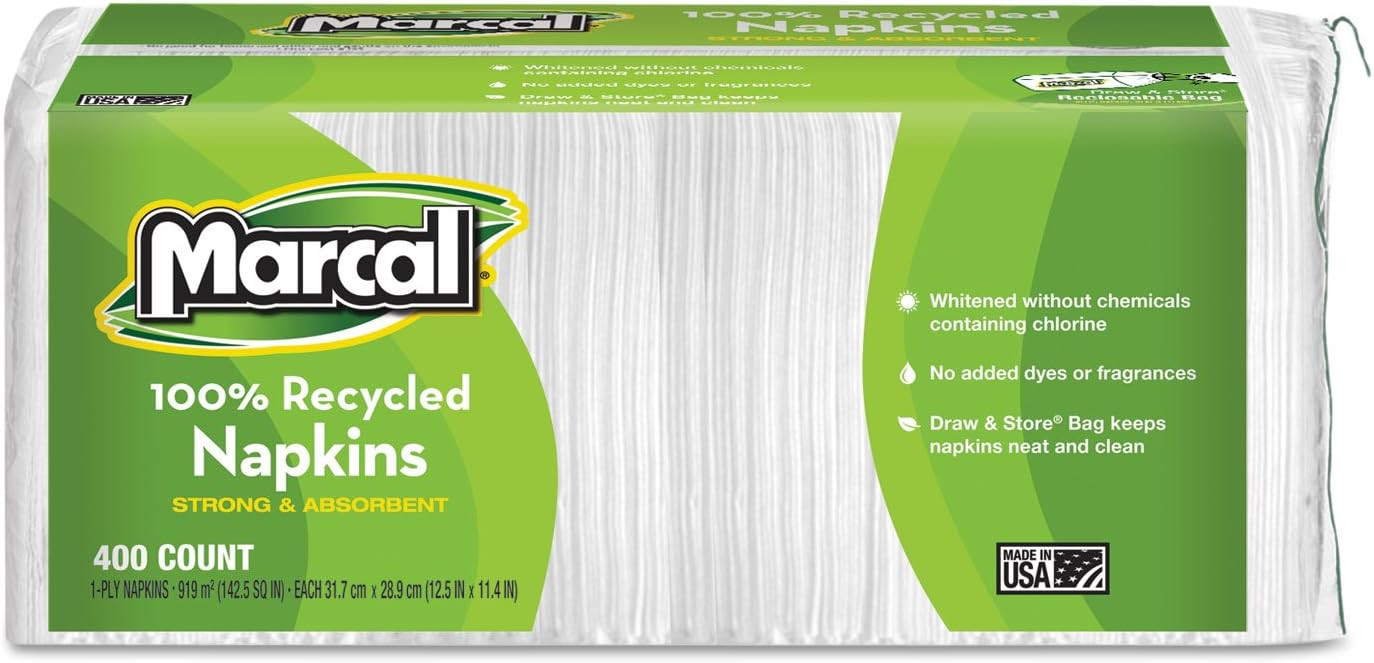 Marcal Lunch Napkins, 100% Recycled Disposable Paper Napkins - Single-Ply, Pack of 400 In a Convenient Draw & Store Resealable Bag 06506