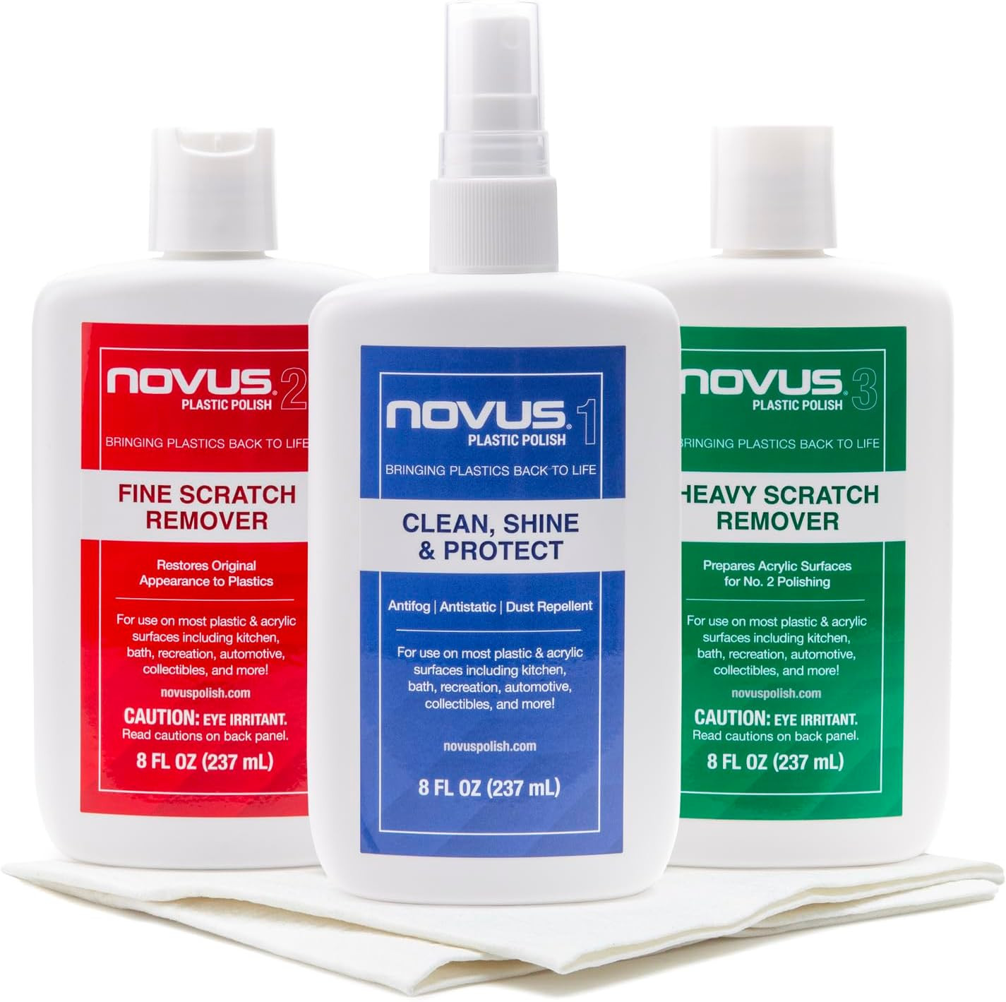 NOVUS-PK1-8 | Plastic Clean & Shine #1, Fine Scratch Remover #2, Heavy Scratch Remover #3 and Polish Mates Pack | 8 Ounce Bottles