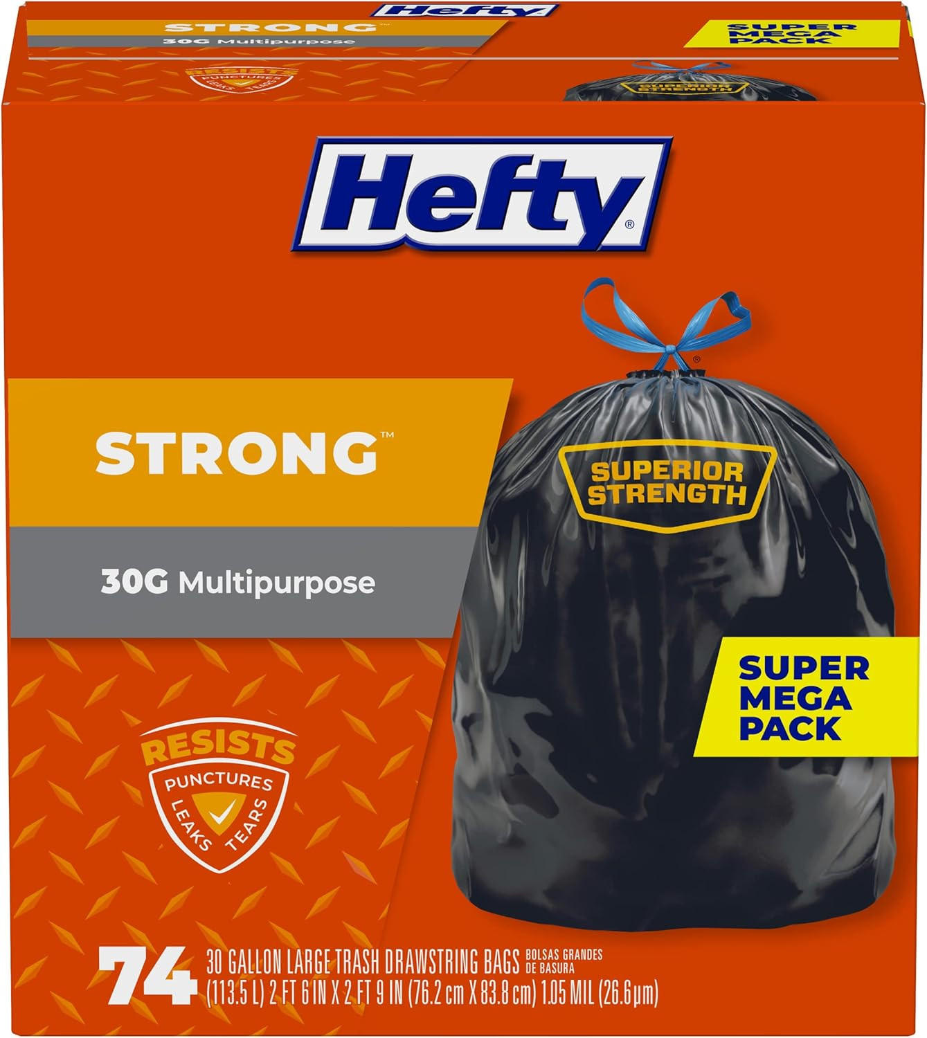 Hefty Strong Large Trash Bags, Black, 30 Gallon, 74 Count