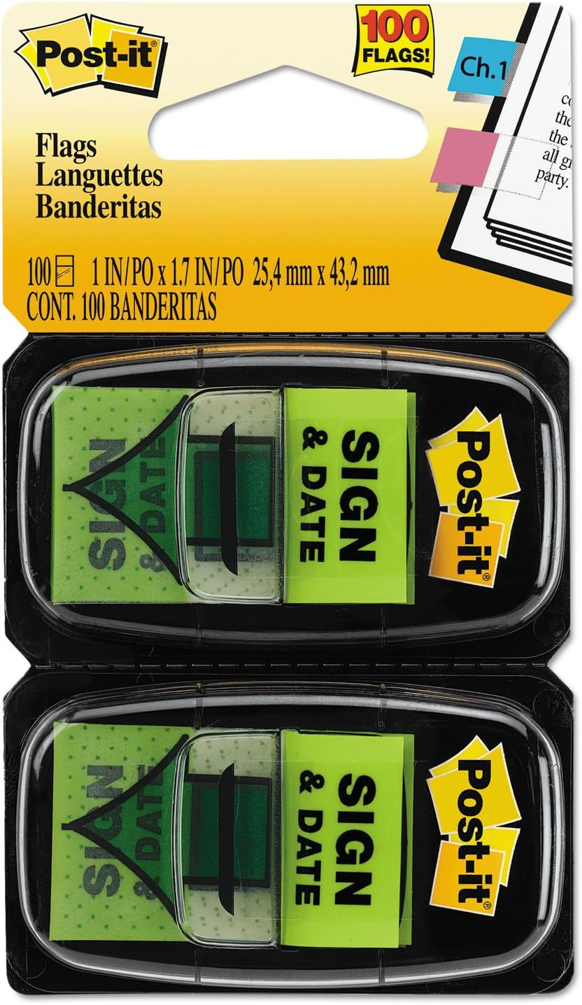 Post-it 680SD2 Sign and Date Message Flag, 1-Inch x1-3/4-Inch, 100/PK, Green