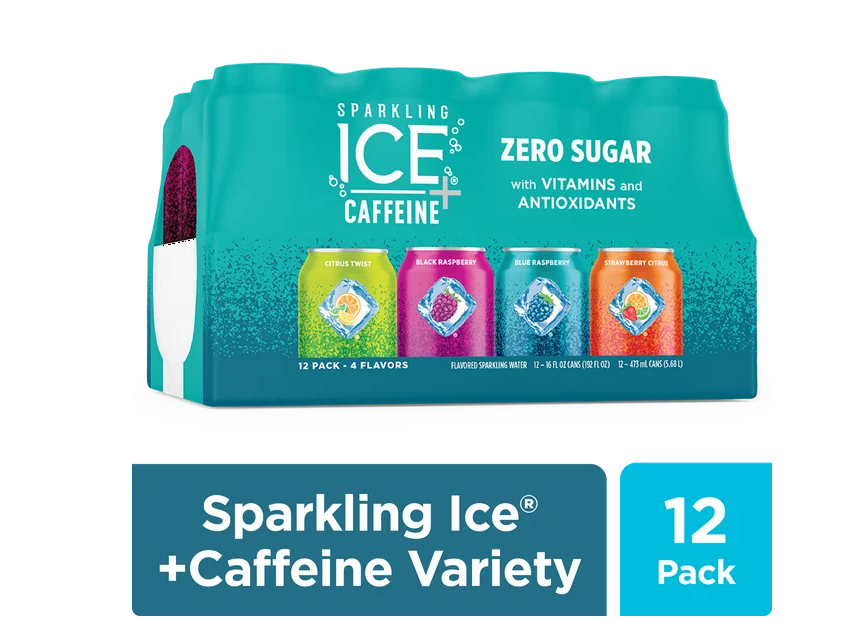 Sparkling Ice +Caffeine Zero Sugar Flavored Sparkling Water, Variety Pack-Black Raspberry/Blue Raspberry/Strawberry Citrus/Citrus Twist 12 16oz Can