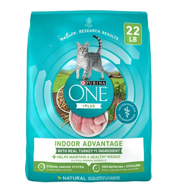 Purina ONE Plus Indoor Advantage Dry Cat Food, High Protein Natural Turkey, 22 lb Bag